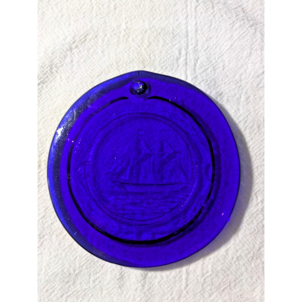 Vintage Cobalt Blue Glass Suncatcher Sailing Ship Nautical Window Ornament 4.5"